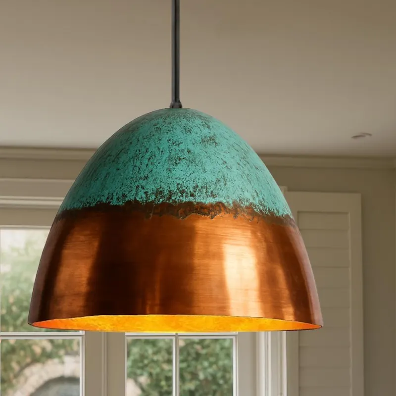 Large Verdigris Copper Pendant in Kitchen Setting