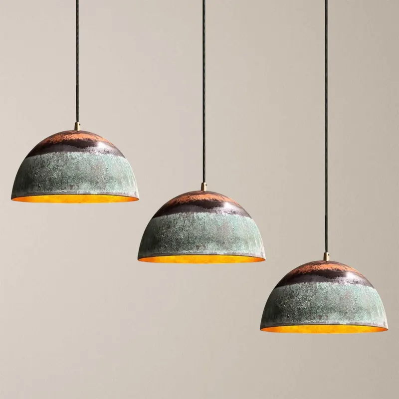 Three Copper Dome Pendants with Verdigris Patina and Copper Bands
