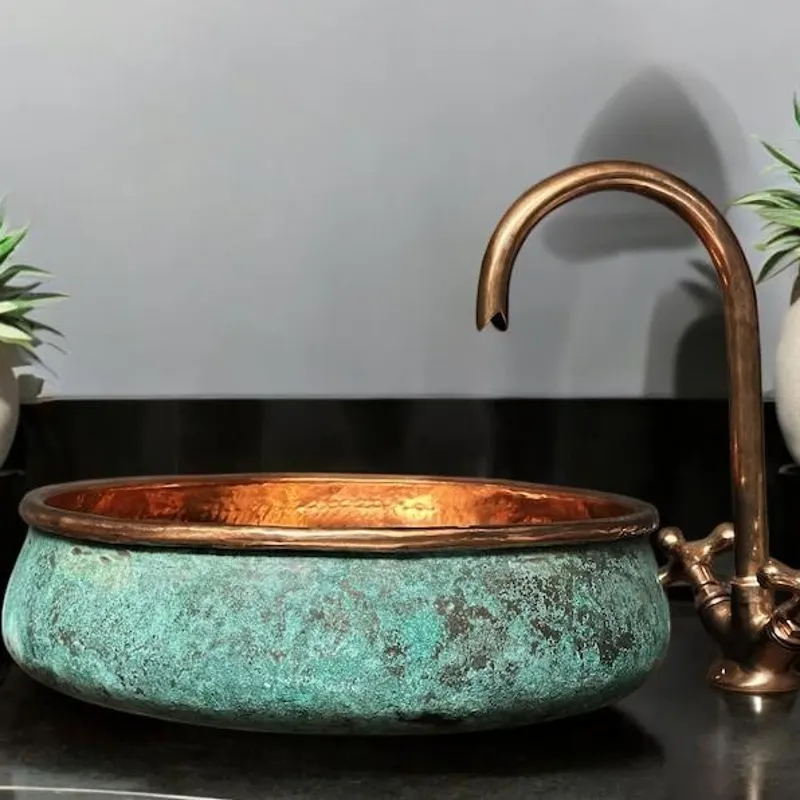Handcrafted Copper Vessel Sink with Verdigris Patina and Matching Faucet