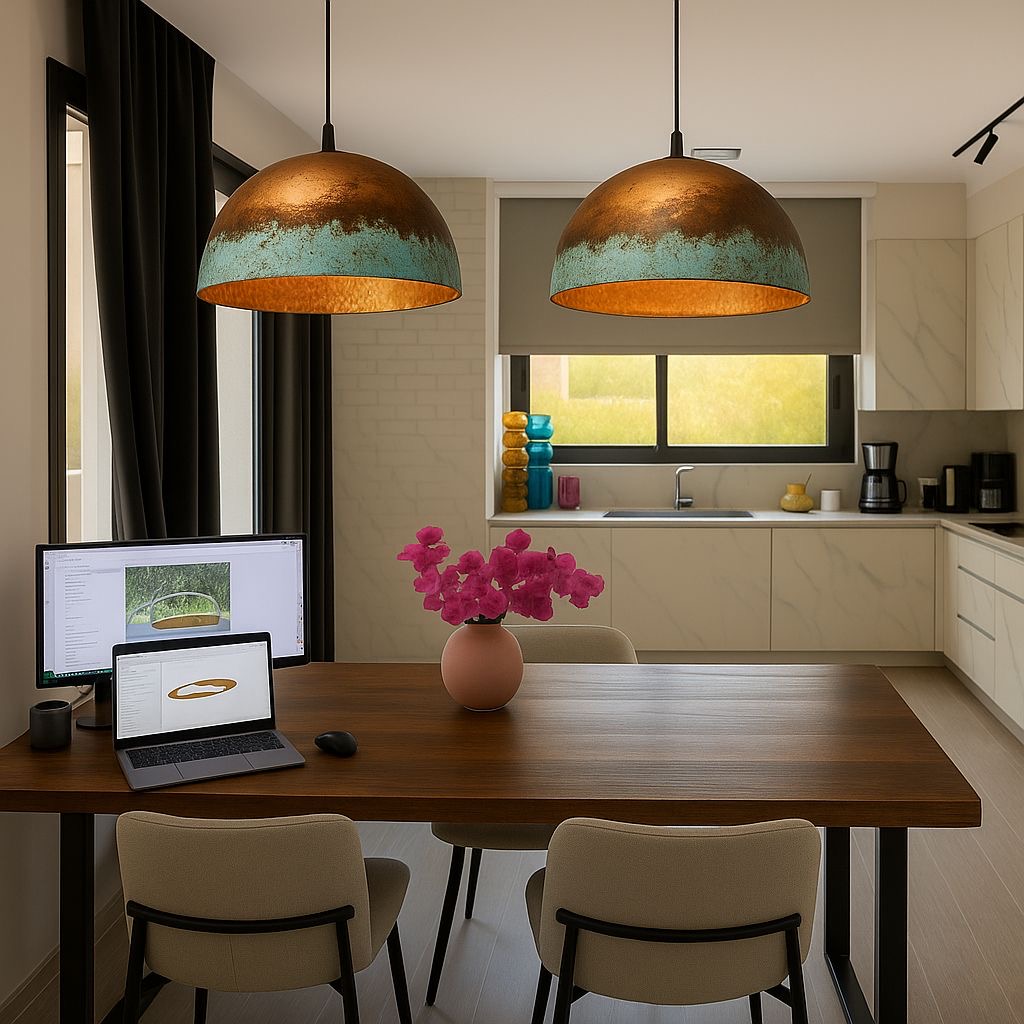 Modern kitchen and dining area with copper pendant lights