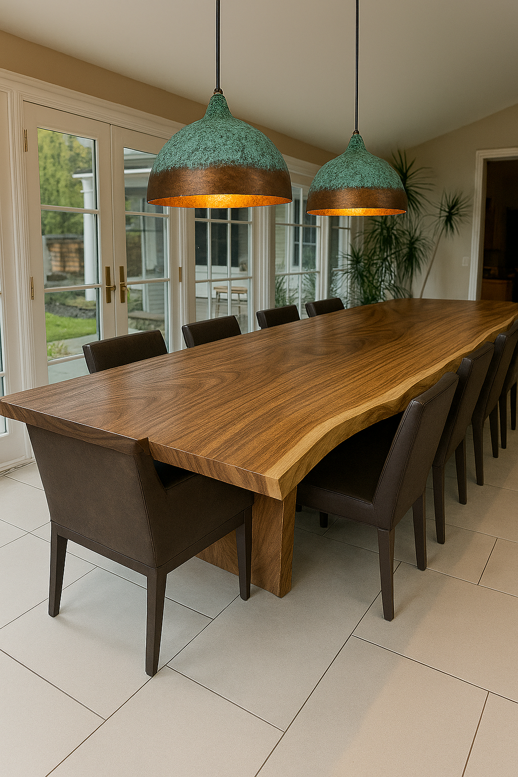Live edge walnut dining table with natural wood grain and organic curves, verdigris copper pendant lights hanging above