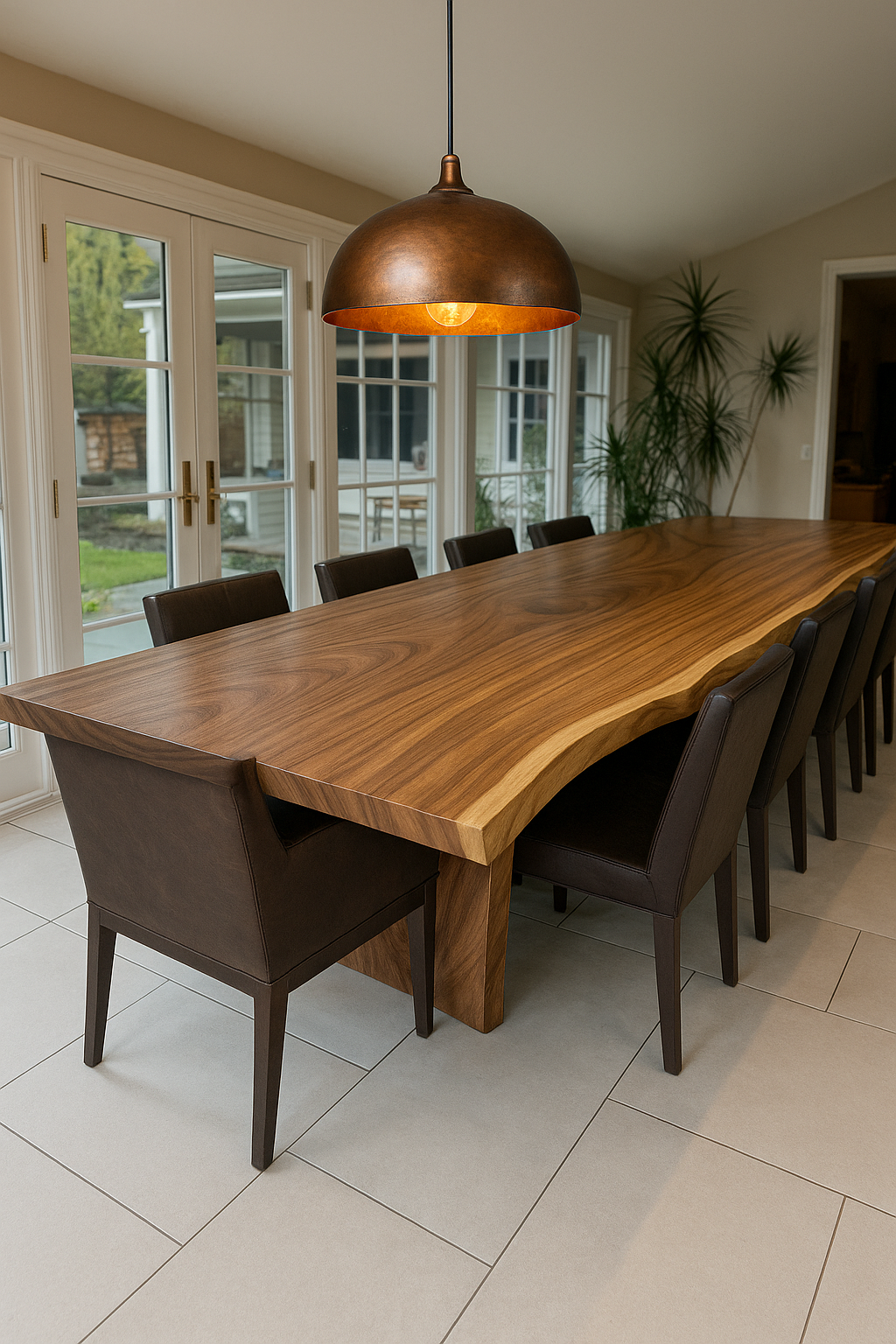Modern teak wood dining table with clean lines and warm honey finish, sleek copper pendant lights above