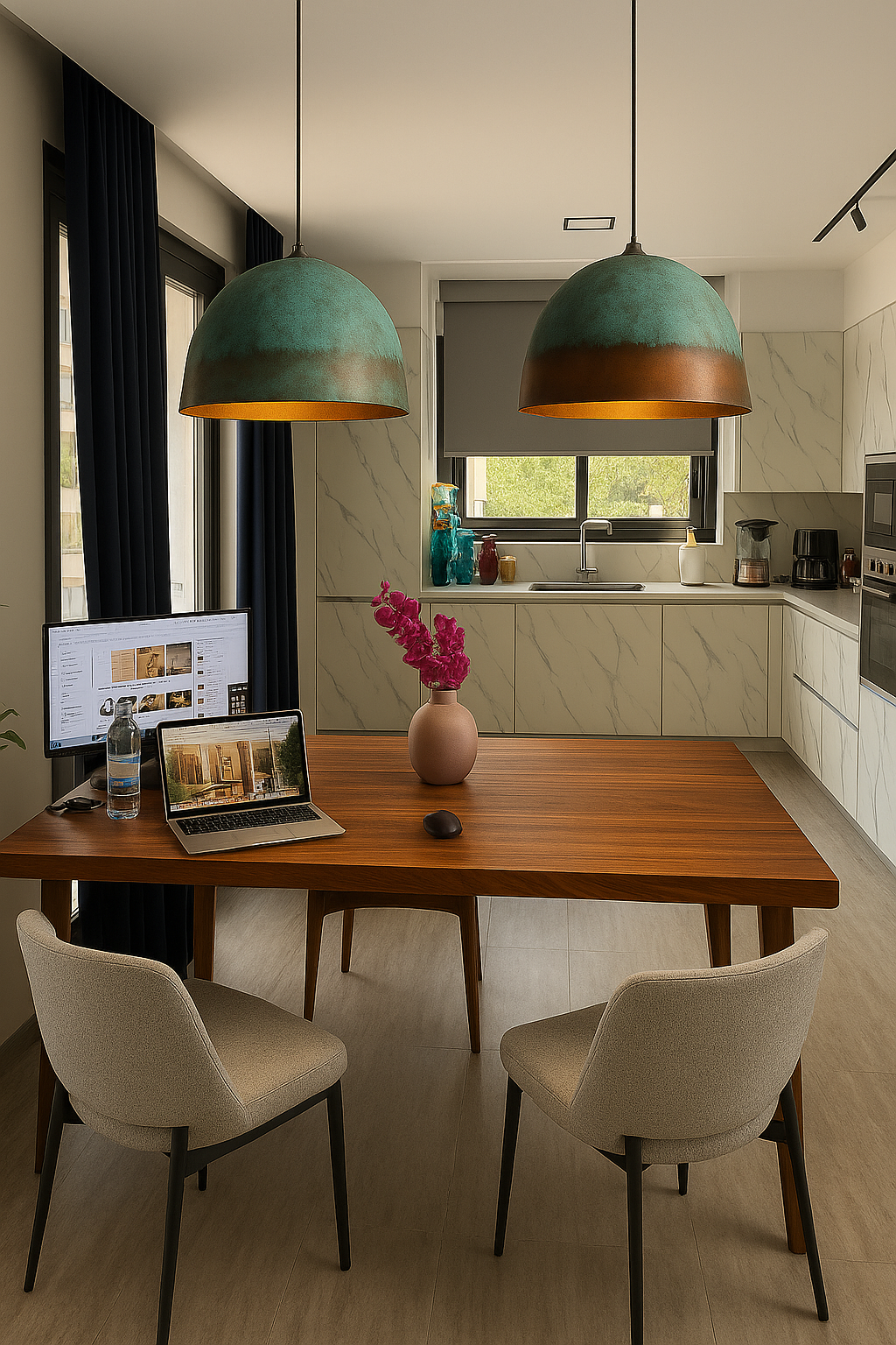 Modern walnut dining table with verdigris copper pendant lights in contemporary kitchen setting