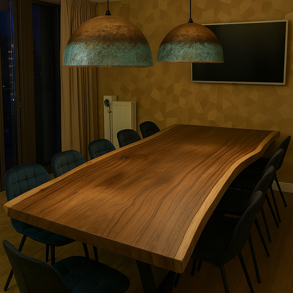 Reclaimed barn wood dining table with weathered patina and rustic character, dramatic copper pendant lights above