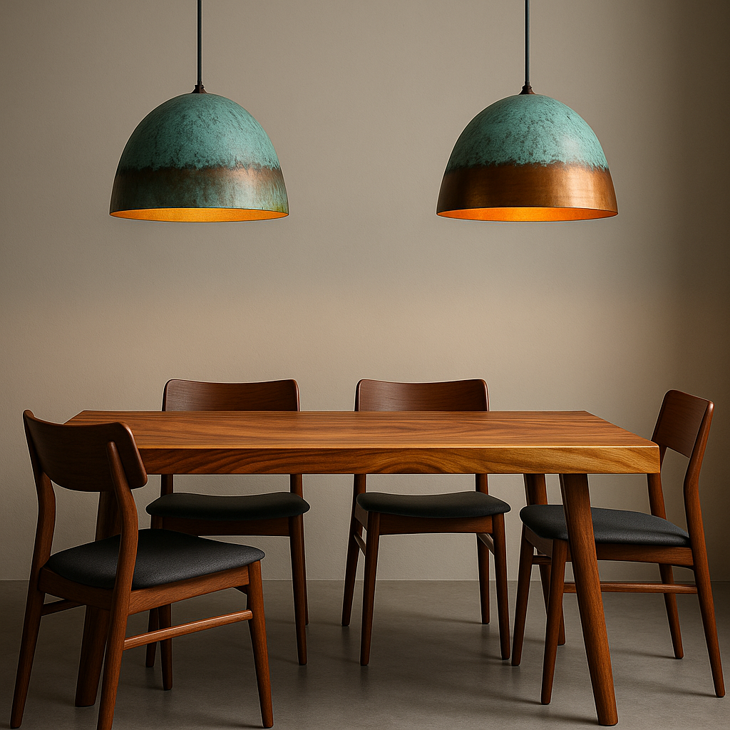 Elegant mahogany dining table with rich dark wood grain and polished finish, sophisticated copper pendant lights above