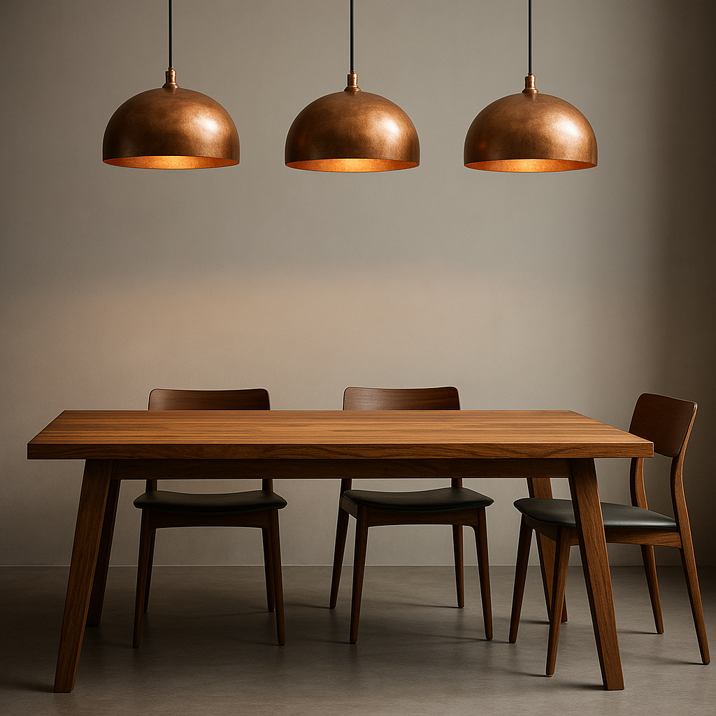 Rustic oak farmhouse dining table with thick wooden planks and natural finish, warm copper pendant lights above