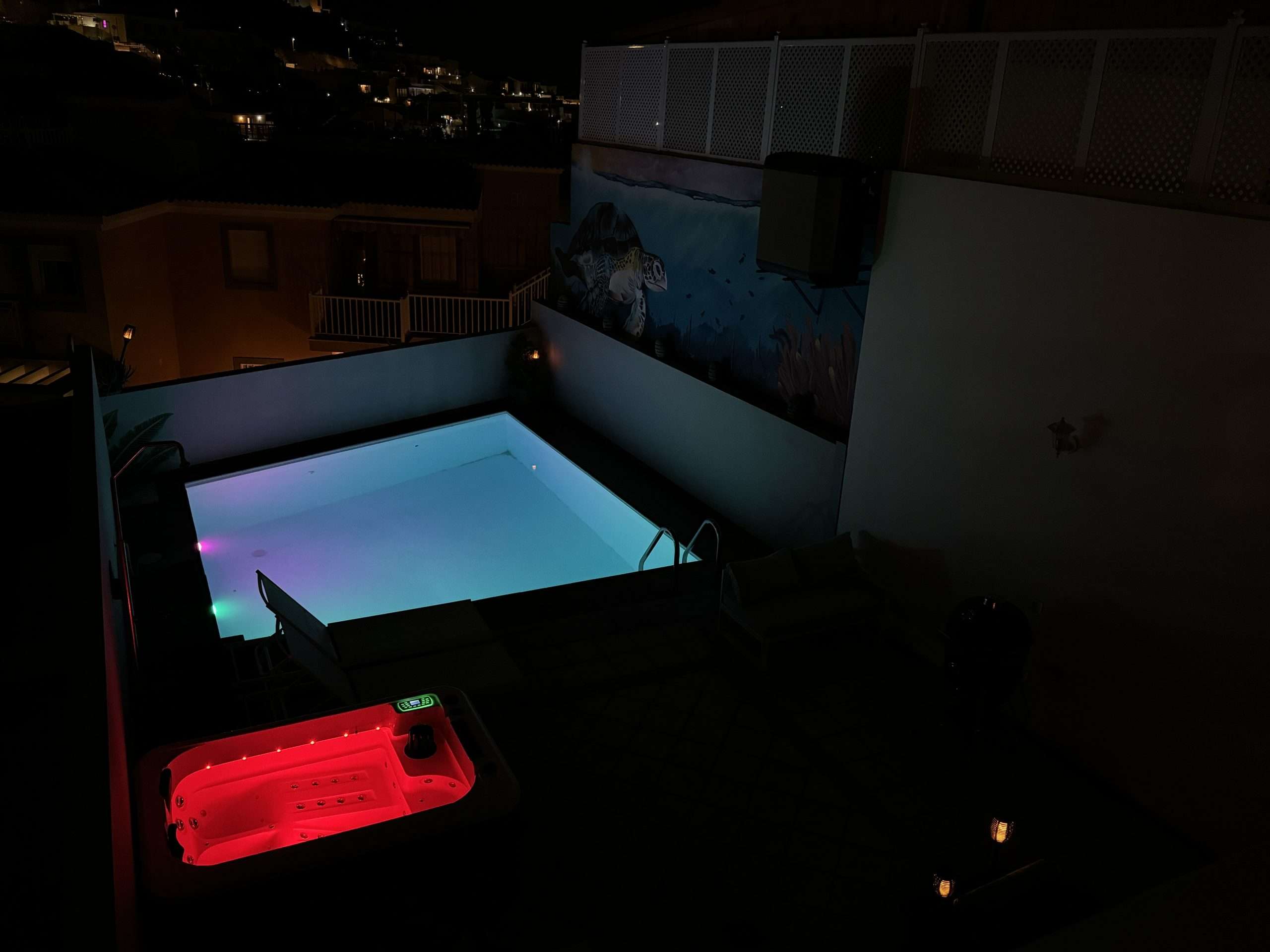 Stunning night view of illuminated pool with marine mural